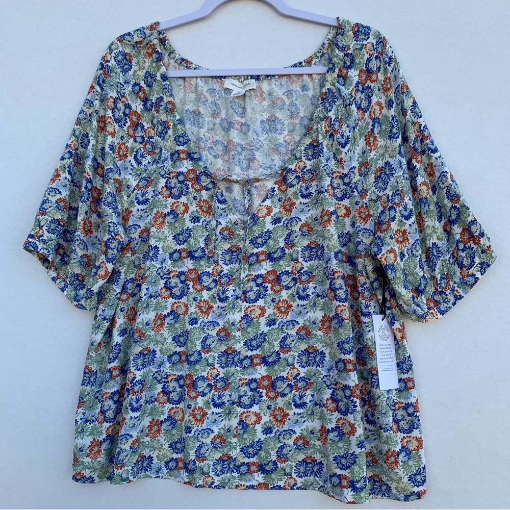 Treasure & Bond Women’s Size M Puff Sleeve Front Tie Blouse Ivory Multi Daisy